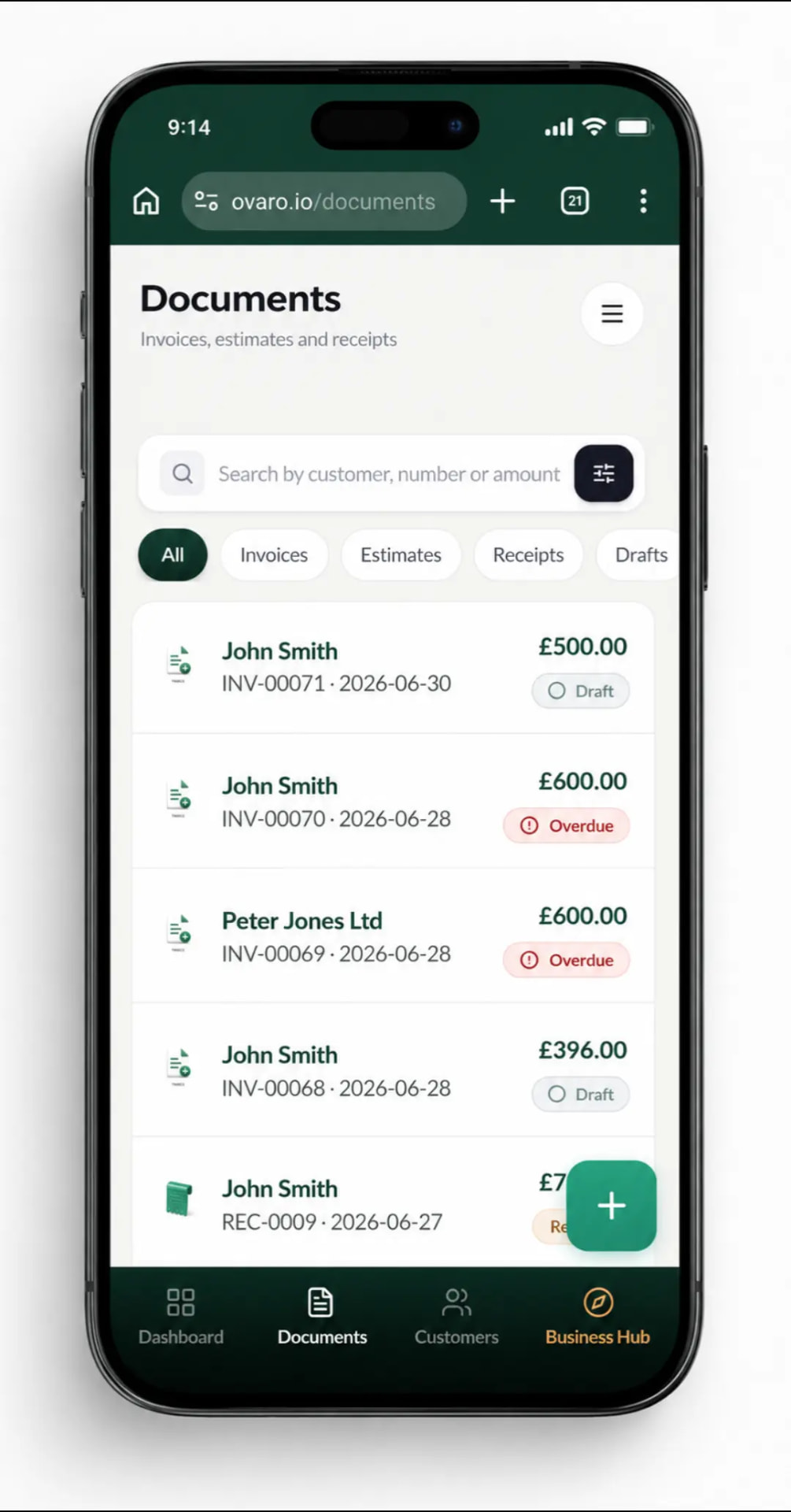 The Ovaro Documents screen on a phone, listing invoices and receipts with amounts and Draft, Overdue and Receipt labels