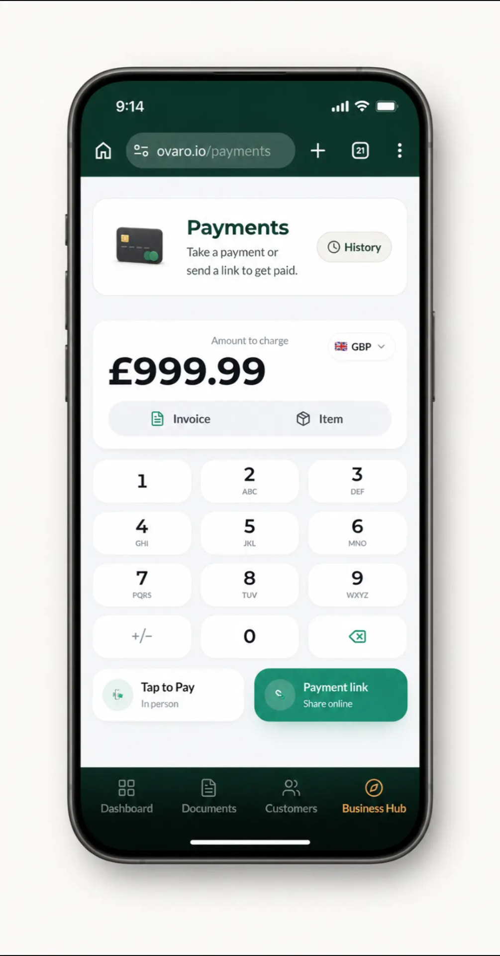 The Ovaro Payments screen on a phone with an amount keypad and Tap to Pay and Payment link buttons