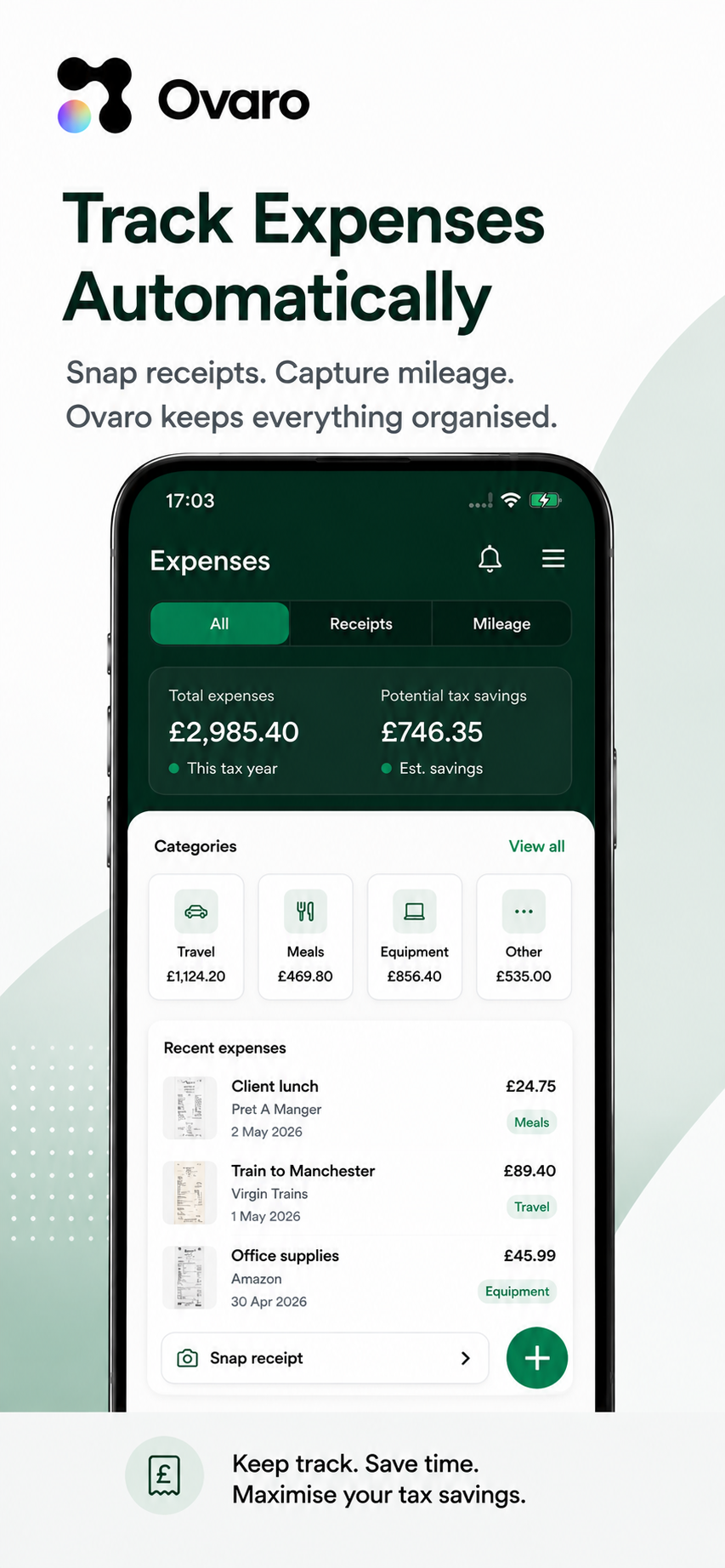 Ovaro app panel: Track expenses automatically — snap receipts and capture mileage