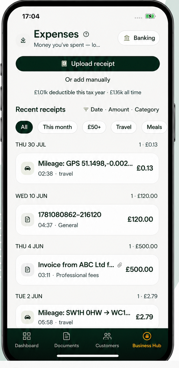 The Ovaro Expenses screen on a phone showing deductible totals and receipts grouped by day