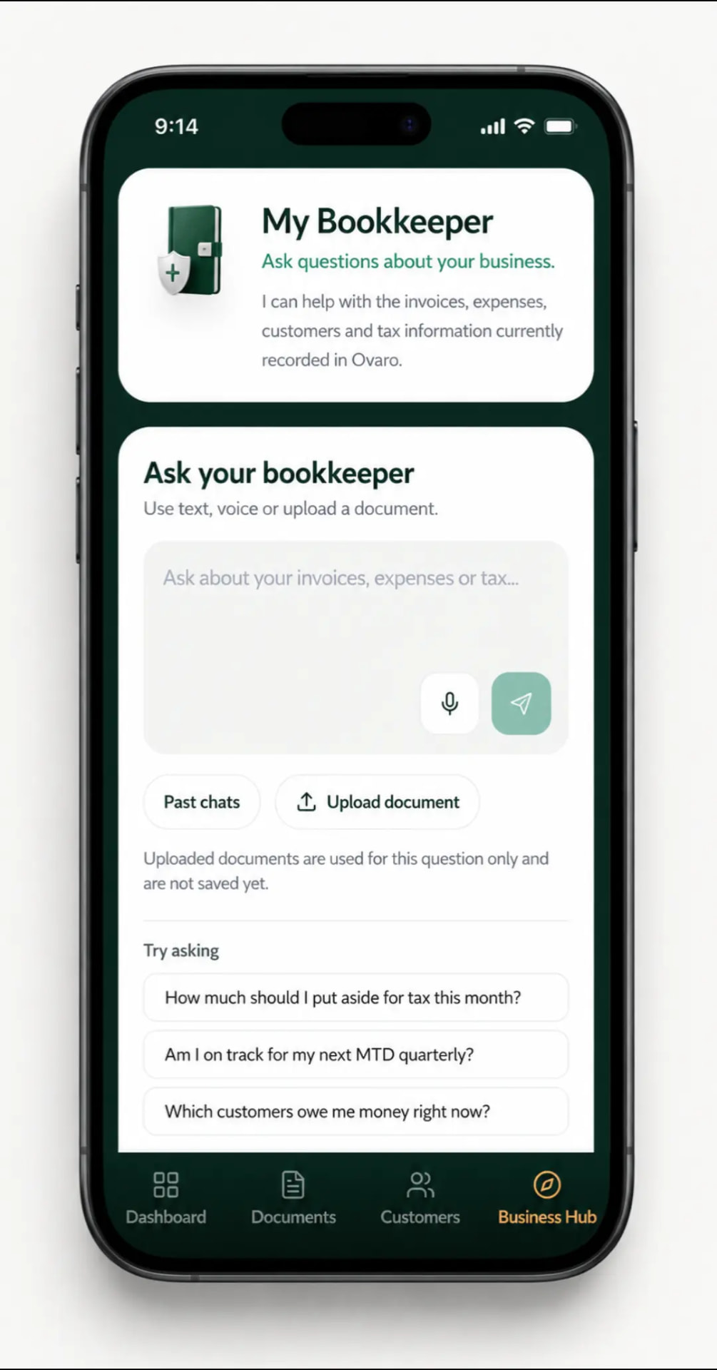 The My Bookkeeper screen in Ovaro on a phone, with a question box and suggested questions about tax, MTD and unpaid customers