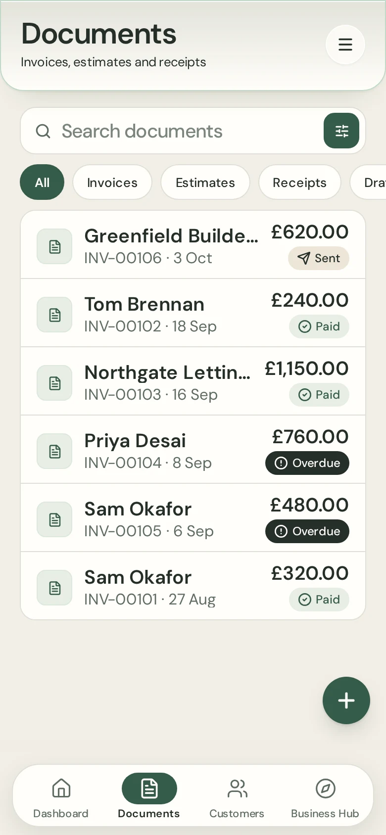 Invoices in Ovaro showing paid and overdue, with sample data