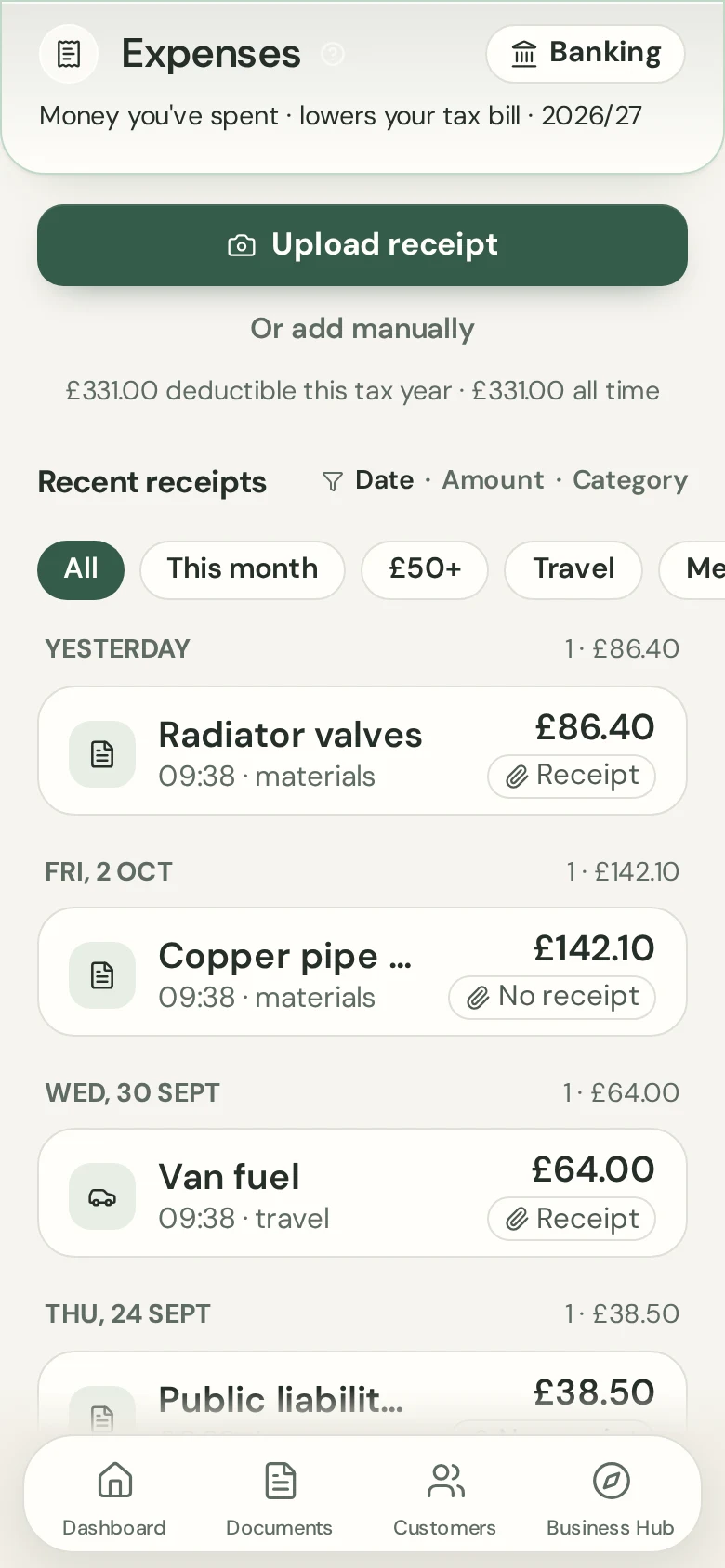 Snap a receipt in Ovaro, with sample data