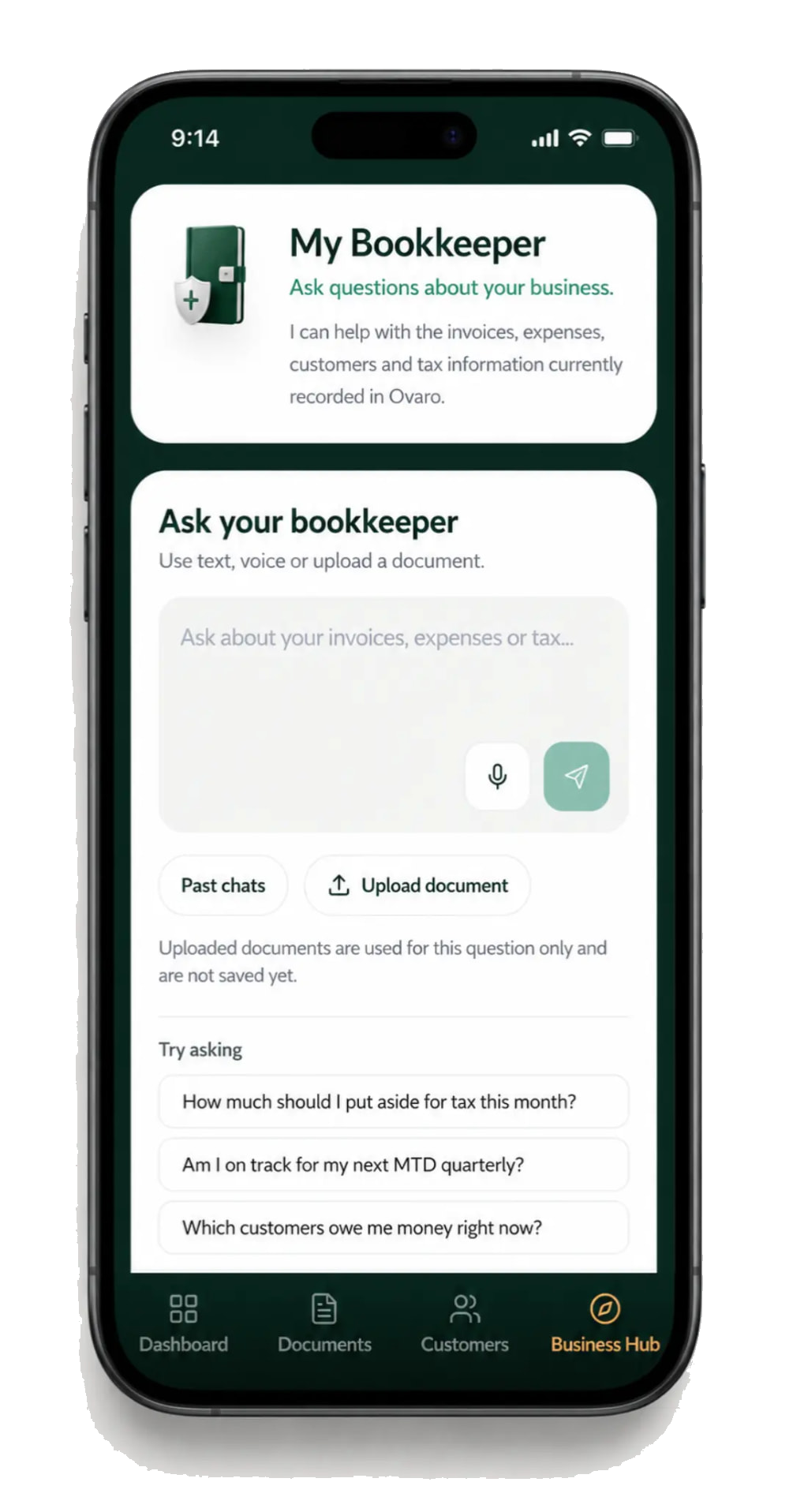 The My Bookkeeper screen in Ovaro on a phone, with a question box and suggested questions about tax, MTD and unpaid customers