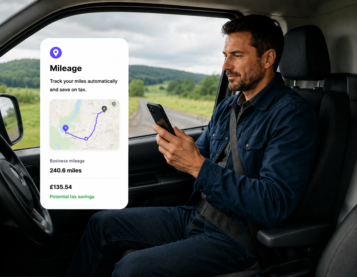 Ovaro Mileage tracker showing tax-year totals, live GPS trip and HMRC rates