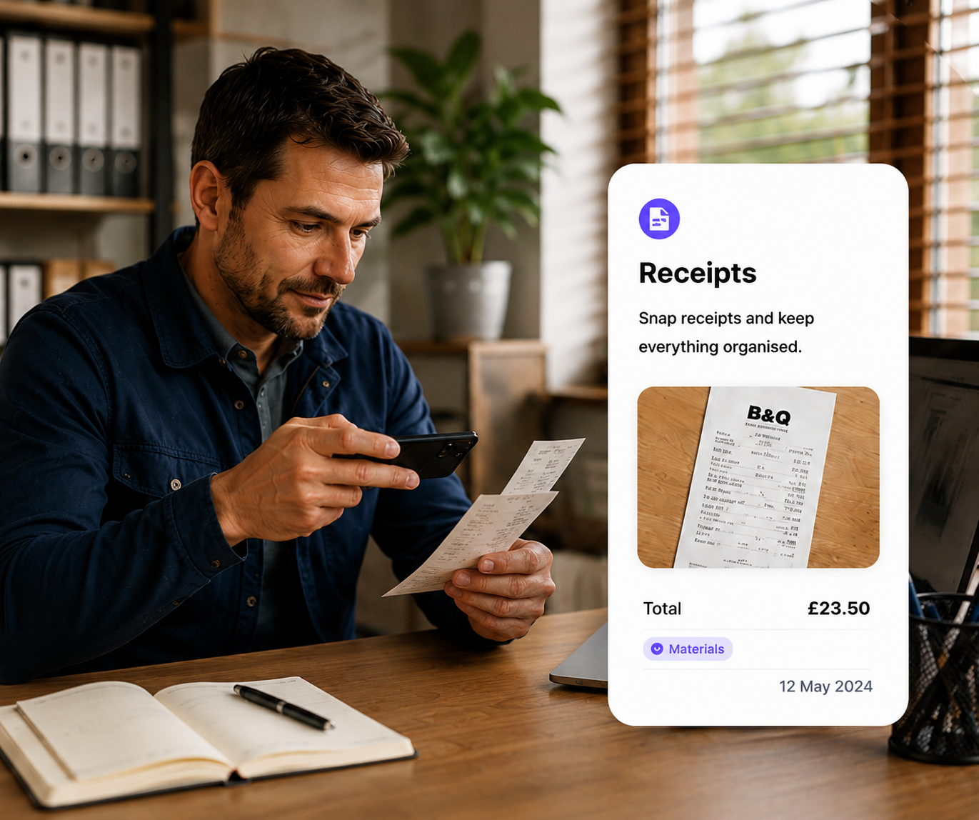Ovaro Expenses page showing a scanned Screwfix receipt with AI-extracted fields