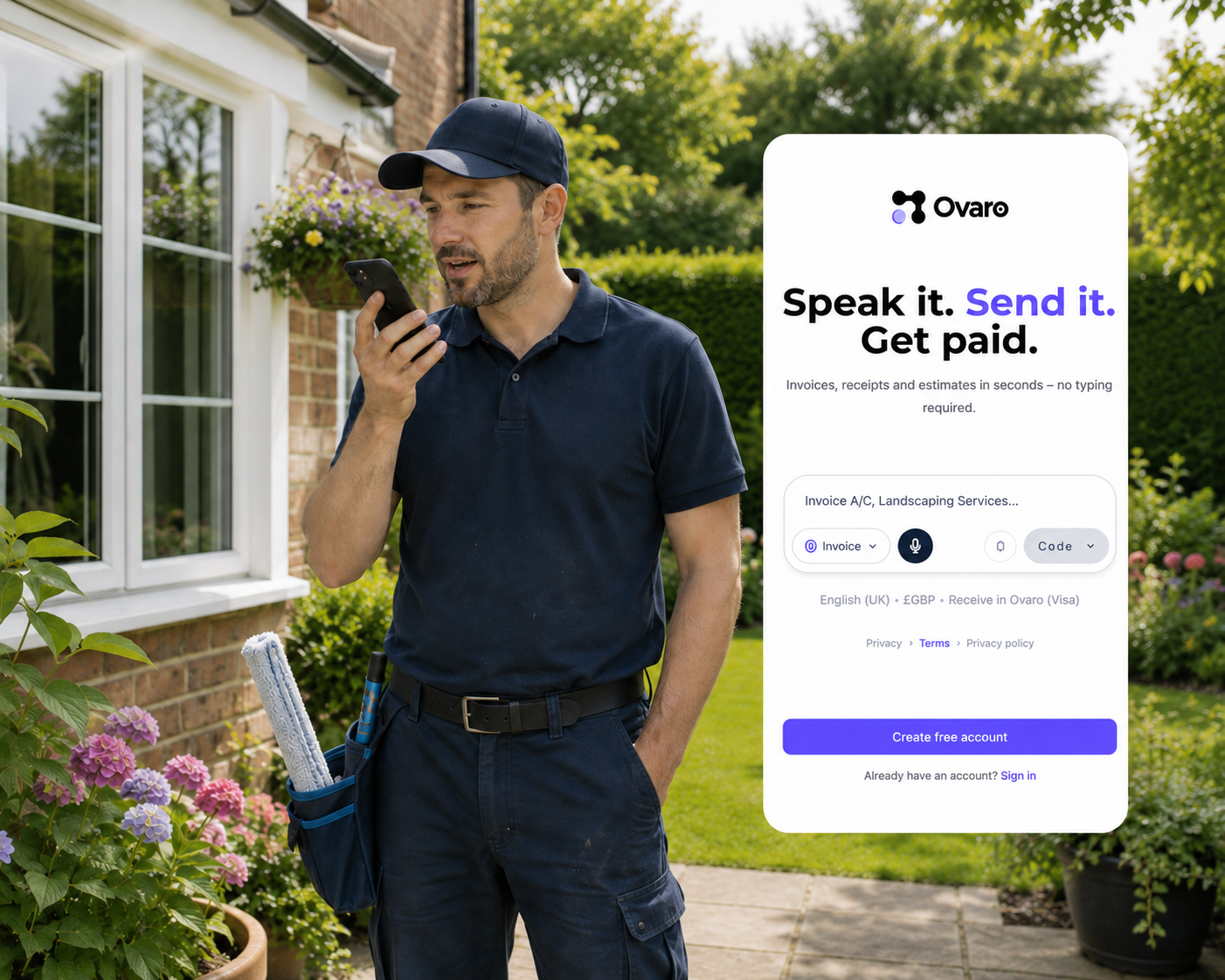 Ovaro Smart Create on desktop, drafting an invoice from a voice note