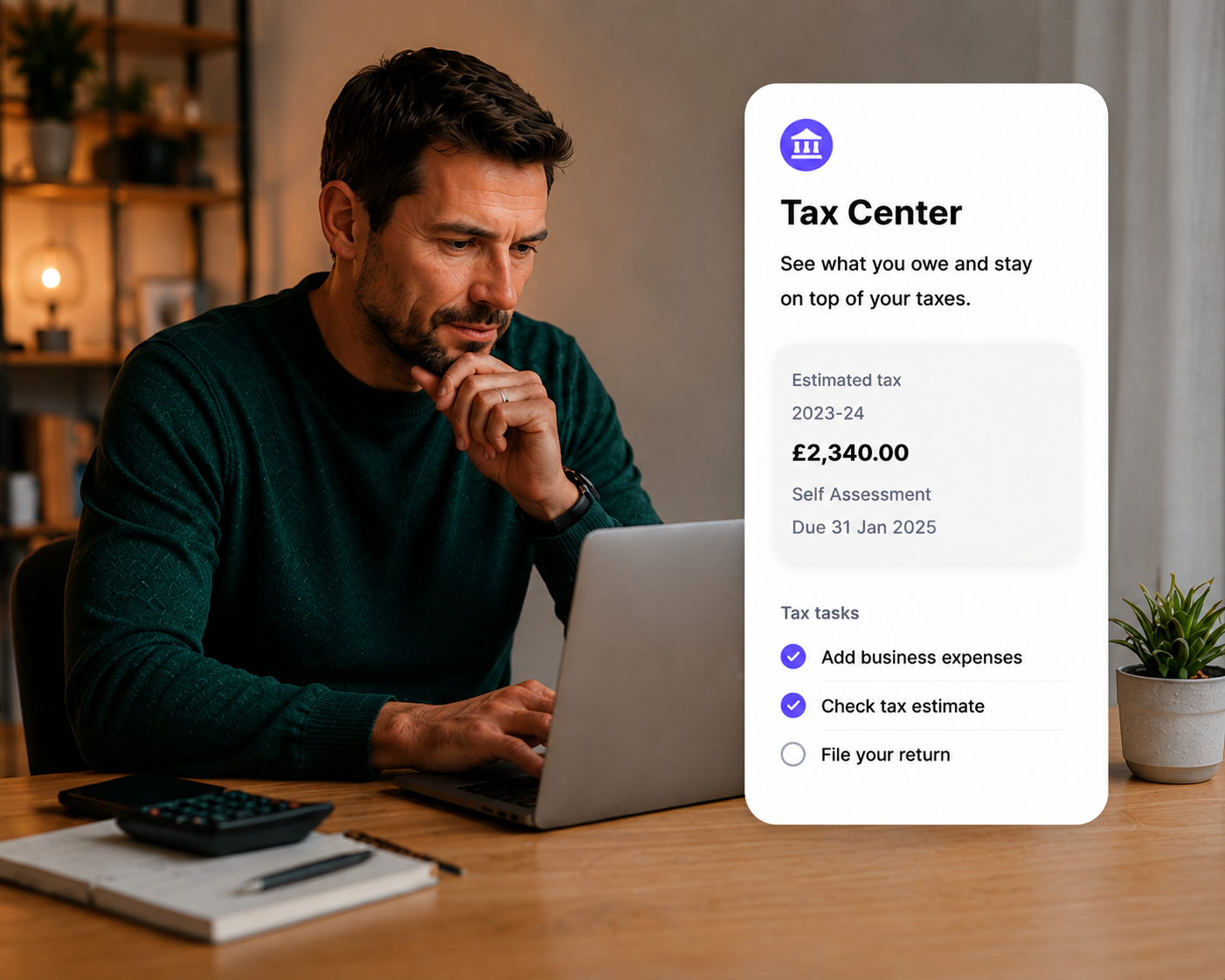 Ovaro Tax centre showing Self Assessment estimate, allowable expenses and quarterly MTD updates